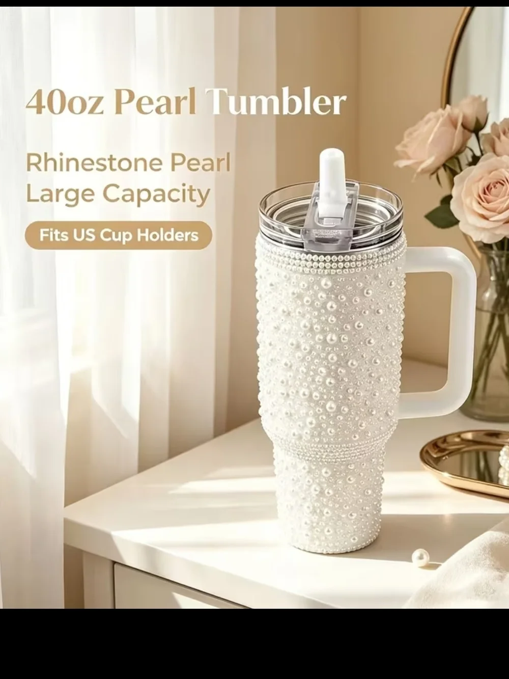 Pearl Rhinestone 40oz Tumbler with Handle - Pink and White